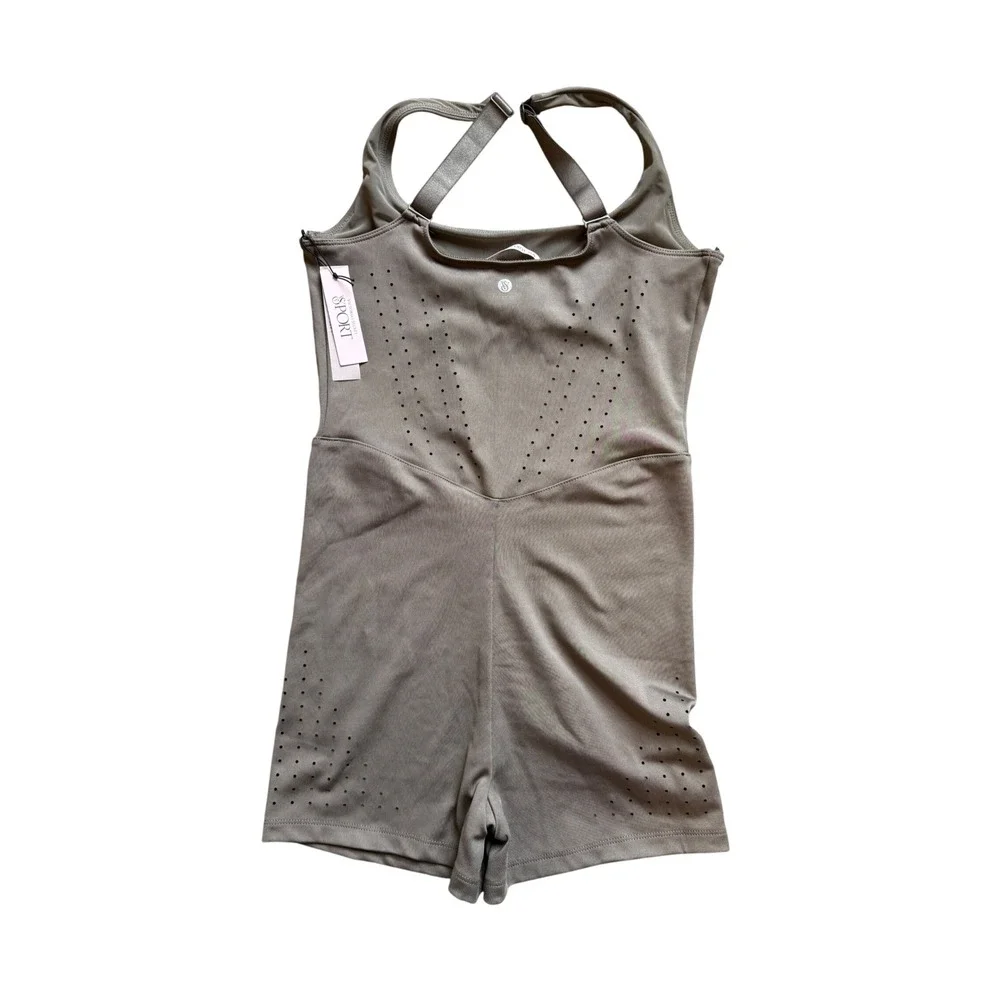 Victorias Secret Sport Bodysuit Romper Taupe Brown Laser Cut Perforated NWT